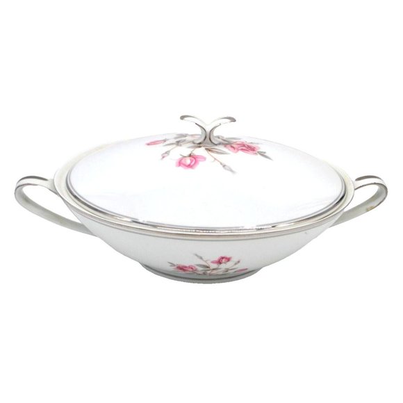 NORITAKE Porcelain China Pink Roses Platinum 9" Covered Vegetable Bowl 5516 - Picture 1 of 5